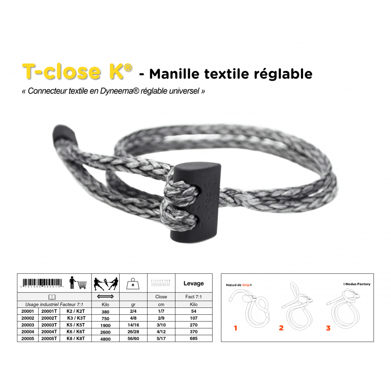 Manille Textile Réglable en Dyneema  | Manille T-close K®